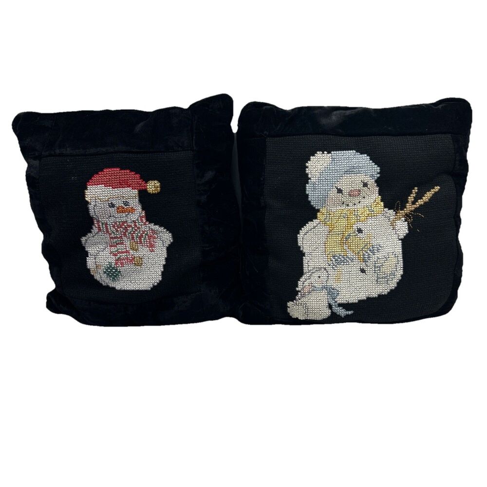 Pair VTG Decorative‎ Needlepoint Pillows Christmas Snowman Black Velvet 14”x14”